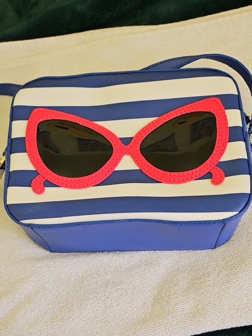 kate spade Navy and Cream Striped Crossbody with Gold Logo Plaque.sunglass Print